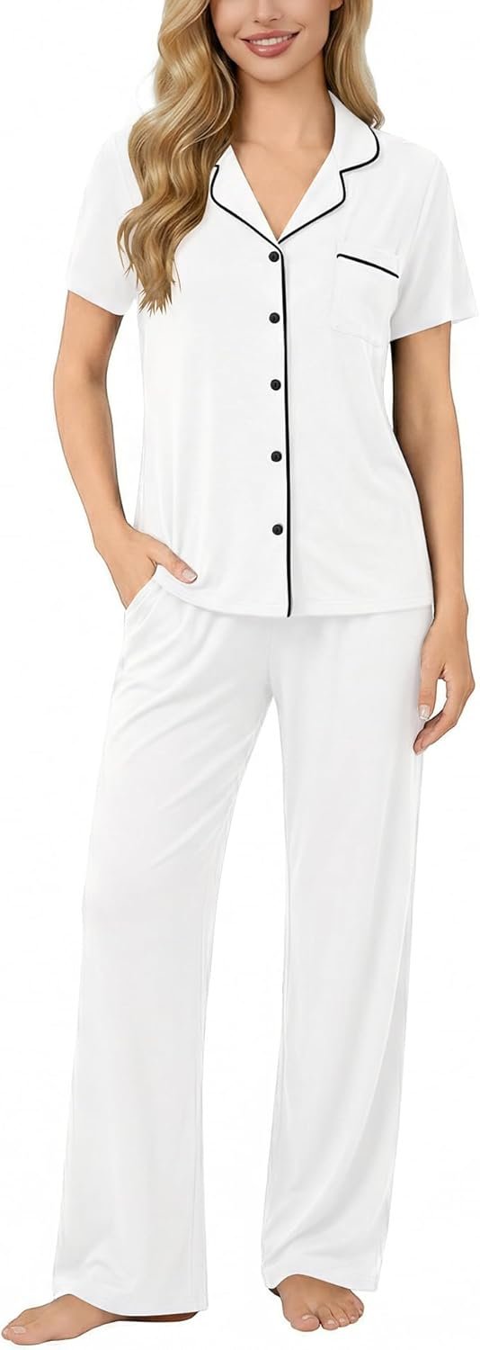 SWOMOG Women Pajama Sets Two-Piece Nightwear Short Sleeve Sleepwear Button Down Pj Lounge Sets with Long Pants