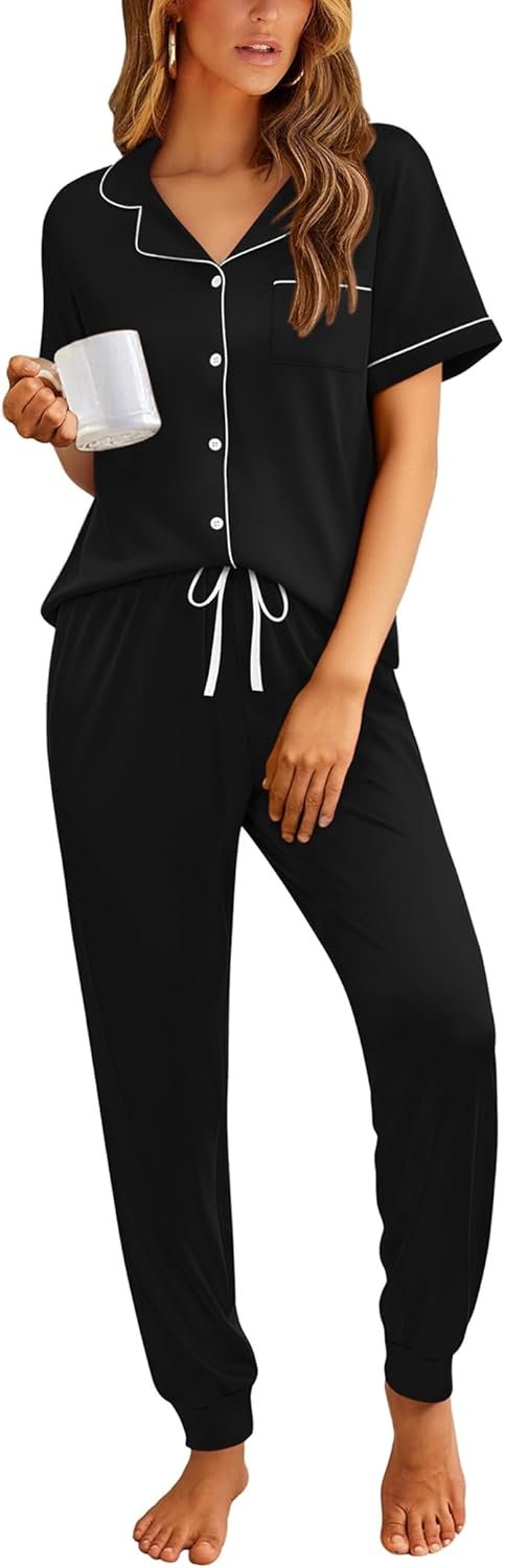 Ekouaer Women Pajama Set Short Sleeve Button Down Pjs Soft Comfy Sleepwear Nightwear with Jogger Pants