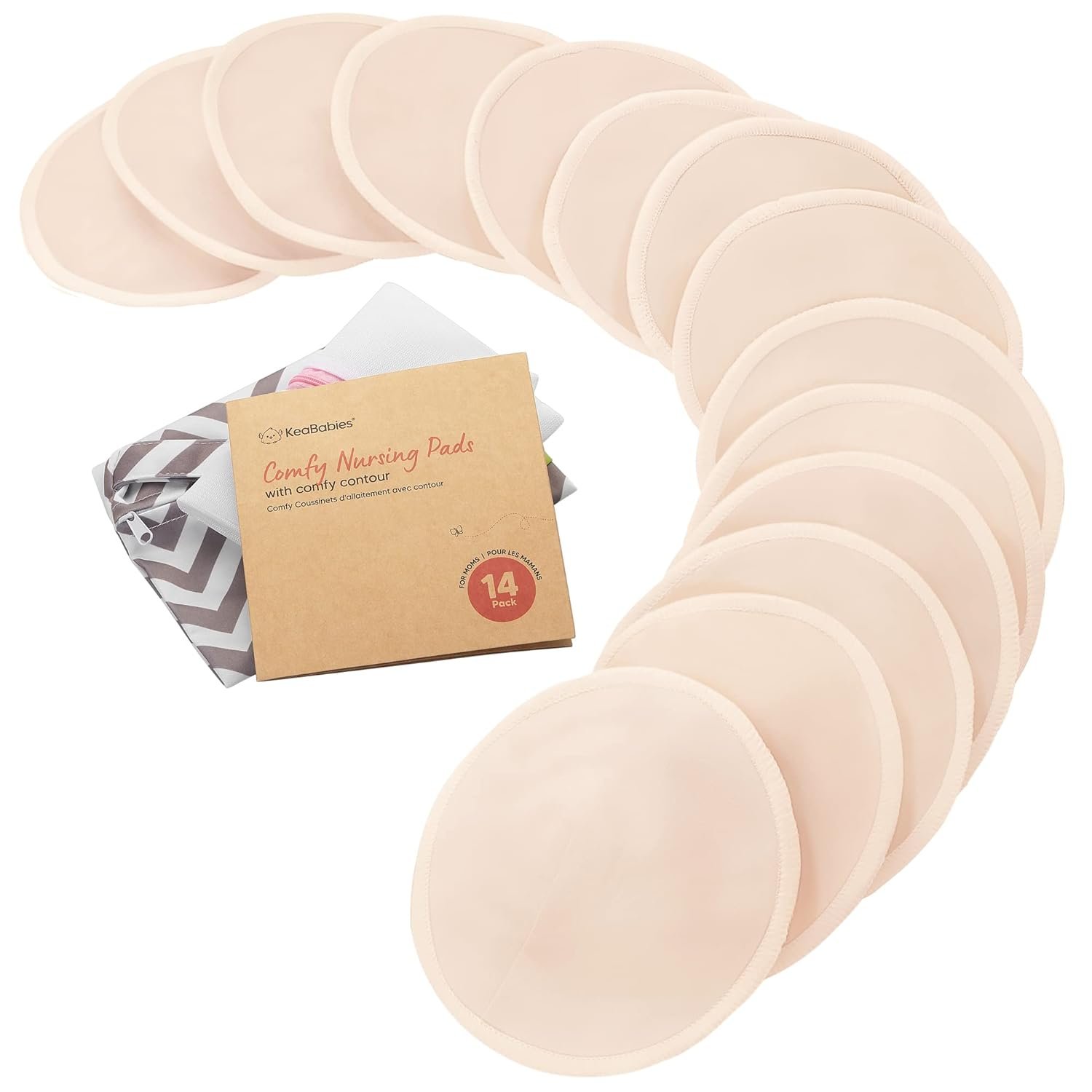 Organic Nursing Pads - 14 Washable Breast Pads for Breastfeeding, Wash Bag, Viscose Derived from Bamboo Reusable Nipple Covers for Breastfeeding Essentials, Soft & Absorbent(Bare Beige, M 4.6")