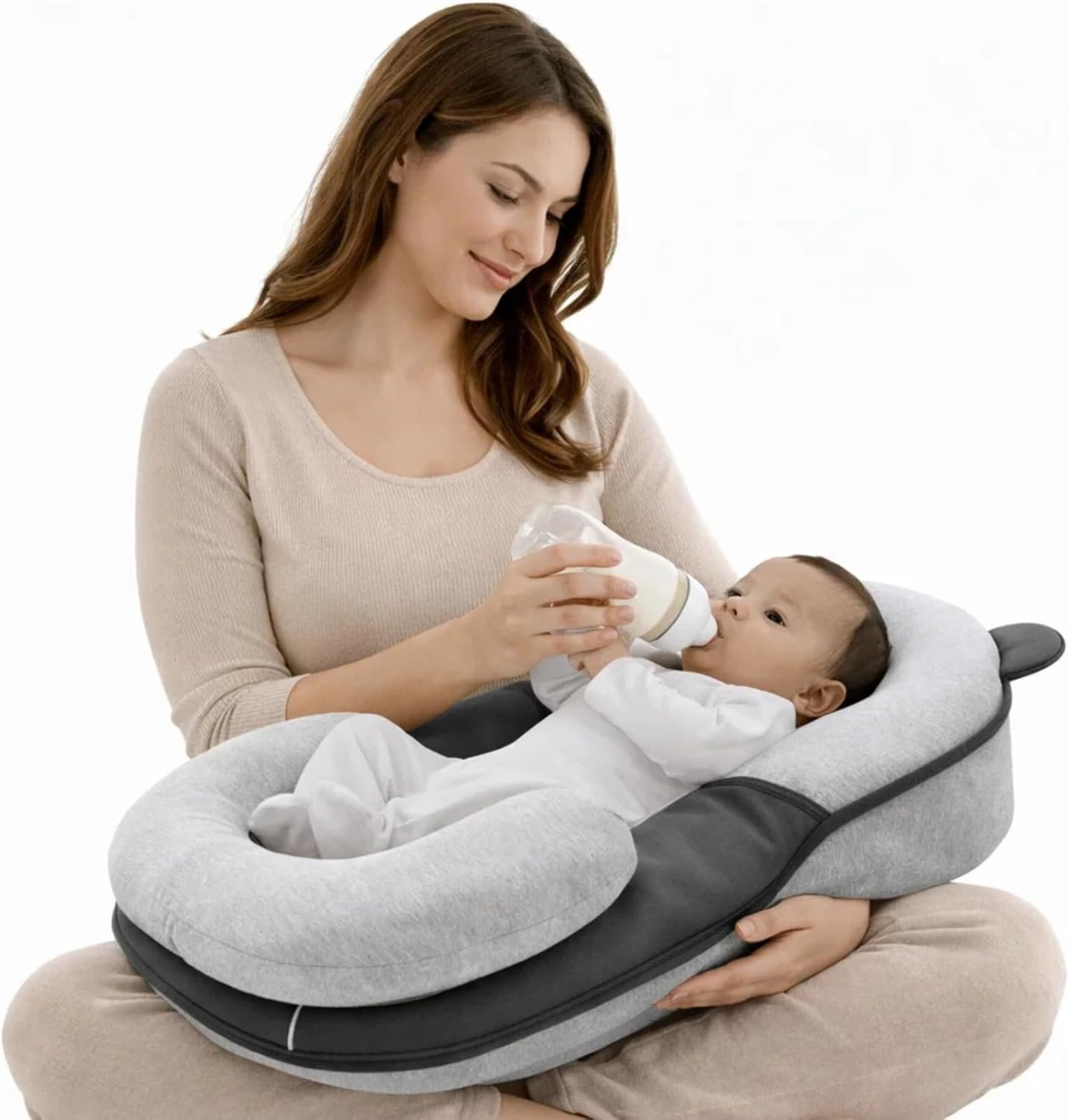 Baby Feeding Pillow - Firm & Secure Adjustable Nursing Pillow with Safety Strap - Baby Body Support Cushion - Grey