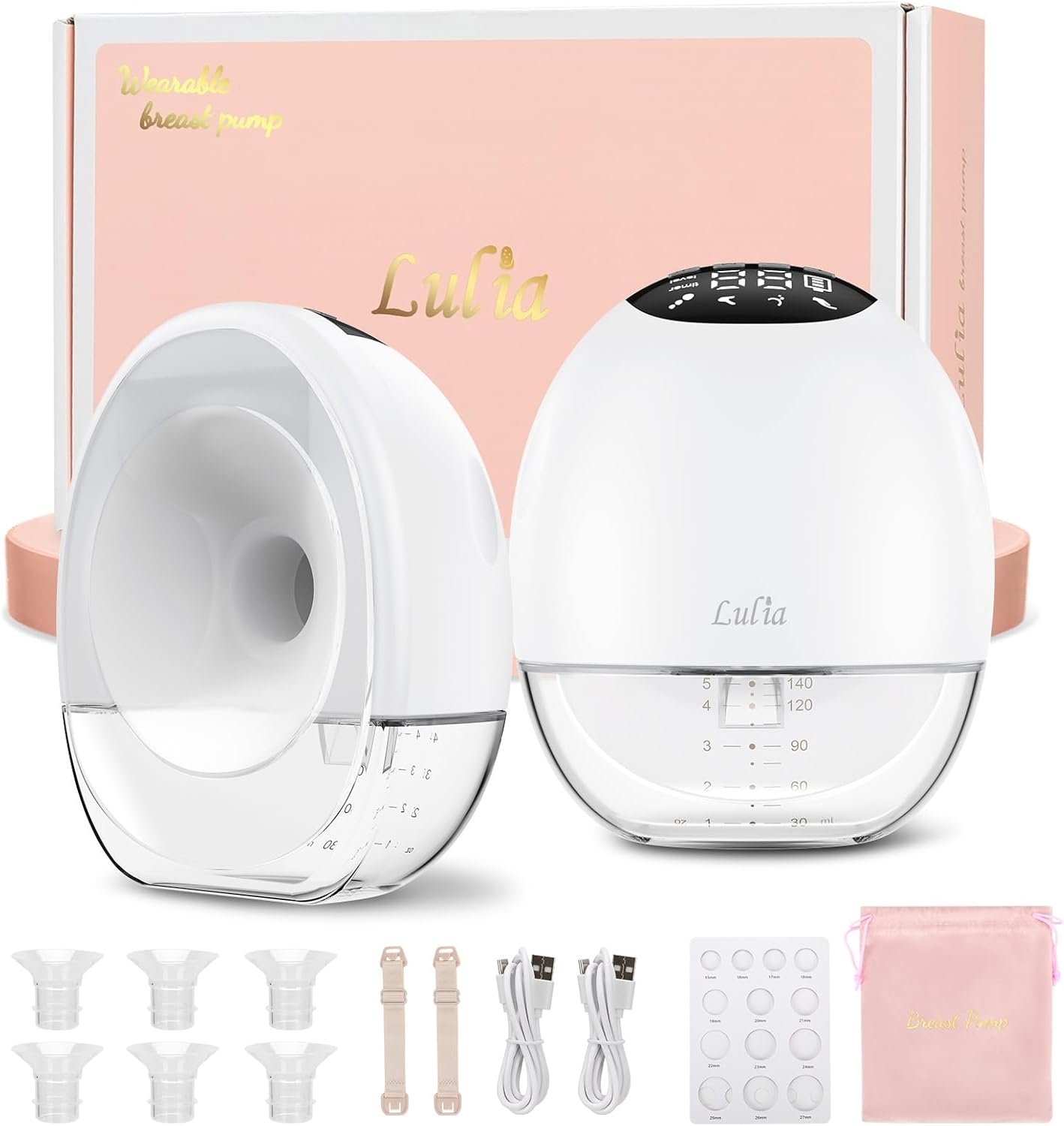 Lulia Breast Pump Hands Free, Upgraded Wearable Breast Pump, 380mmHg Strong Suction, 4 Modes & 9 Levels, Quickly Store Milk, 17/19/21/24MM Flanges, 2 Pack