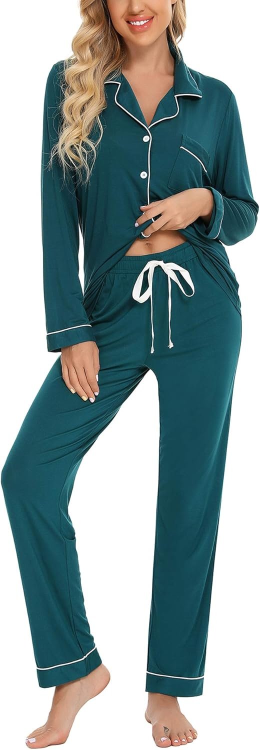 Anjue Button Up Pajamas for Women Long Sleeve Shirt and Pajama Pants Lounge Sets S-XXL