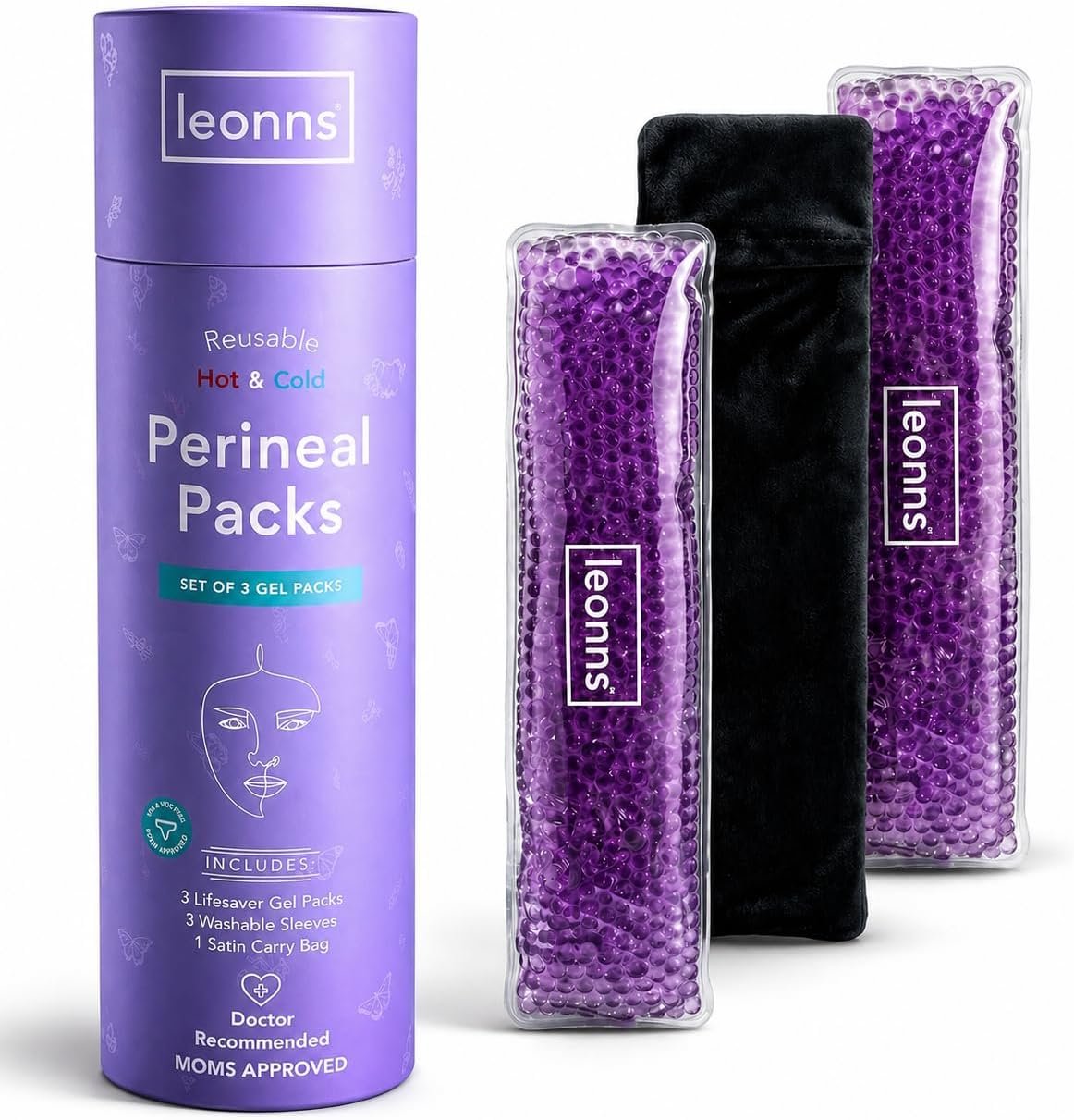 Leonns® Reusable Perineal Ice Packs for Postpartum Recovery - 3 Gel Packs & Washable Sleeves – Hot & Cold Relief for Perineal Pain, Hemorrhoids & C-Section