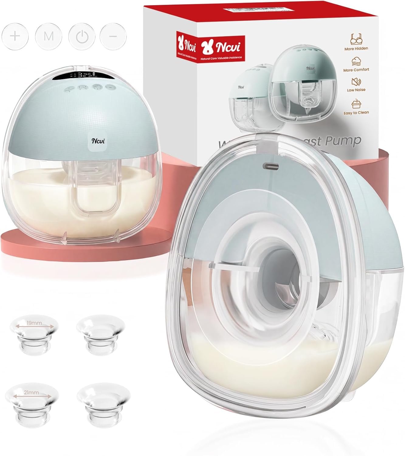 NCVI New Breast Pump Hands Free, Wearable Electric Breast Pump with Strong Suction, 180min Battery Life with 4 Modes 9 Levels, 19-24mm Flange Anti-Leakage Portable Breastfeeding Pump for Moms（Green）