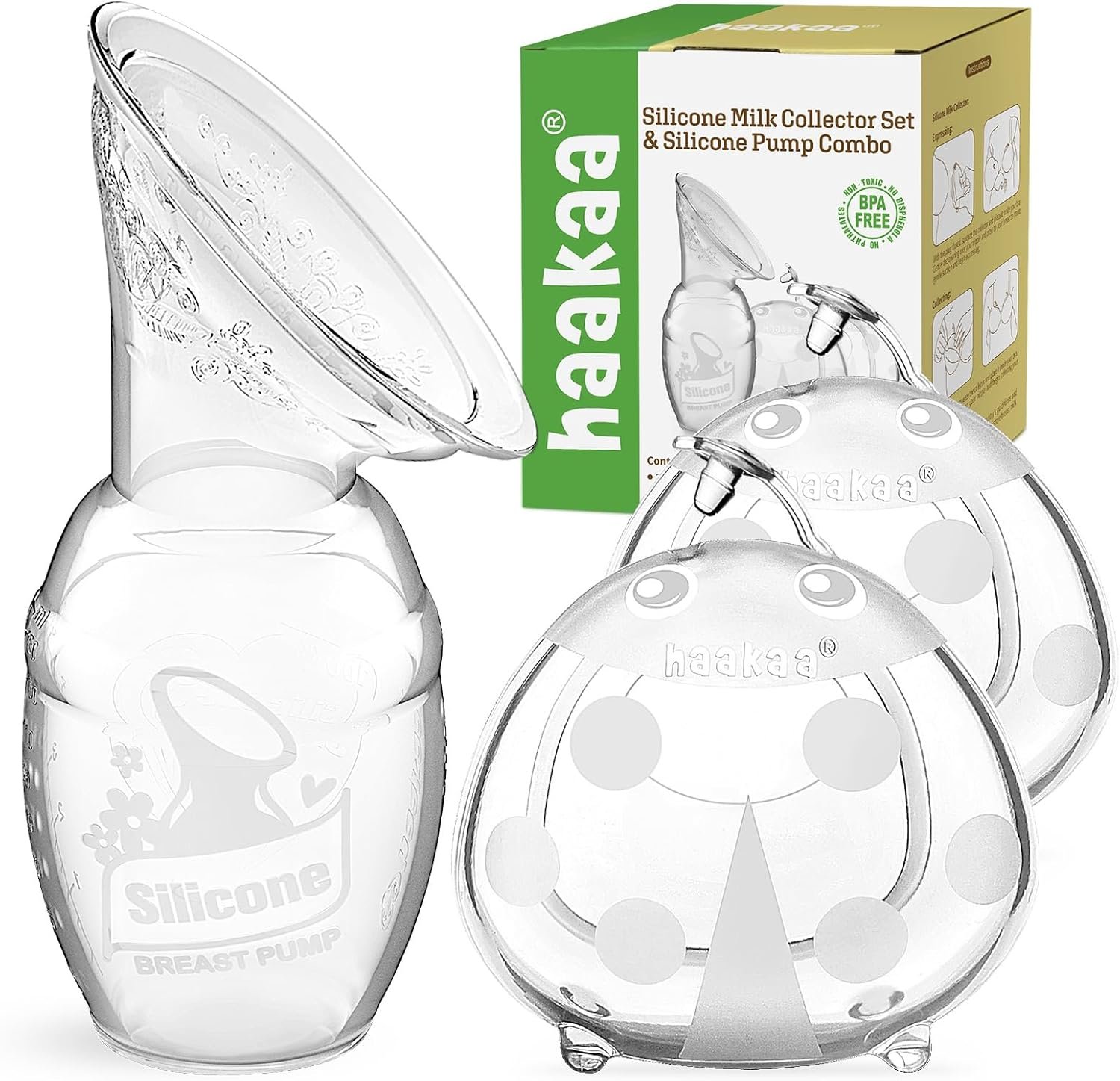 haakaa Manual Breast Pump for Breastfeeding 4oz/100ml and Ladybug Milk Collector 2.5oz/75ml Combo, Food-Grade Silicone