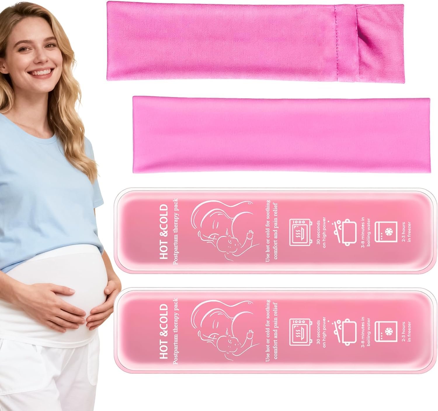 Postpartum Cold Pack, Perineal Cooling Pad Pregnancy & Hemorrhoid Pain Relief, Postpartum Ice Pack Pads with 2 Washable Sleeves (2 ice Pack+2 Fabric Cover) (Pink)