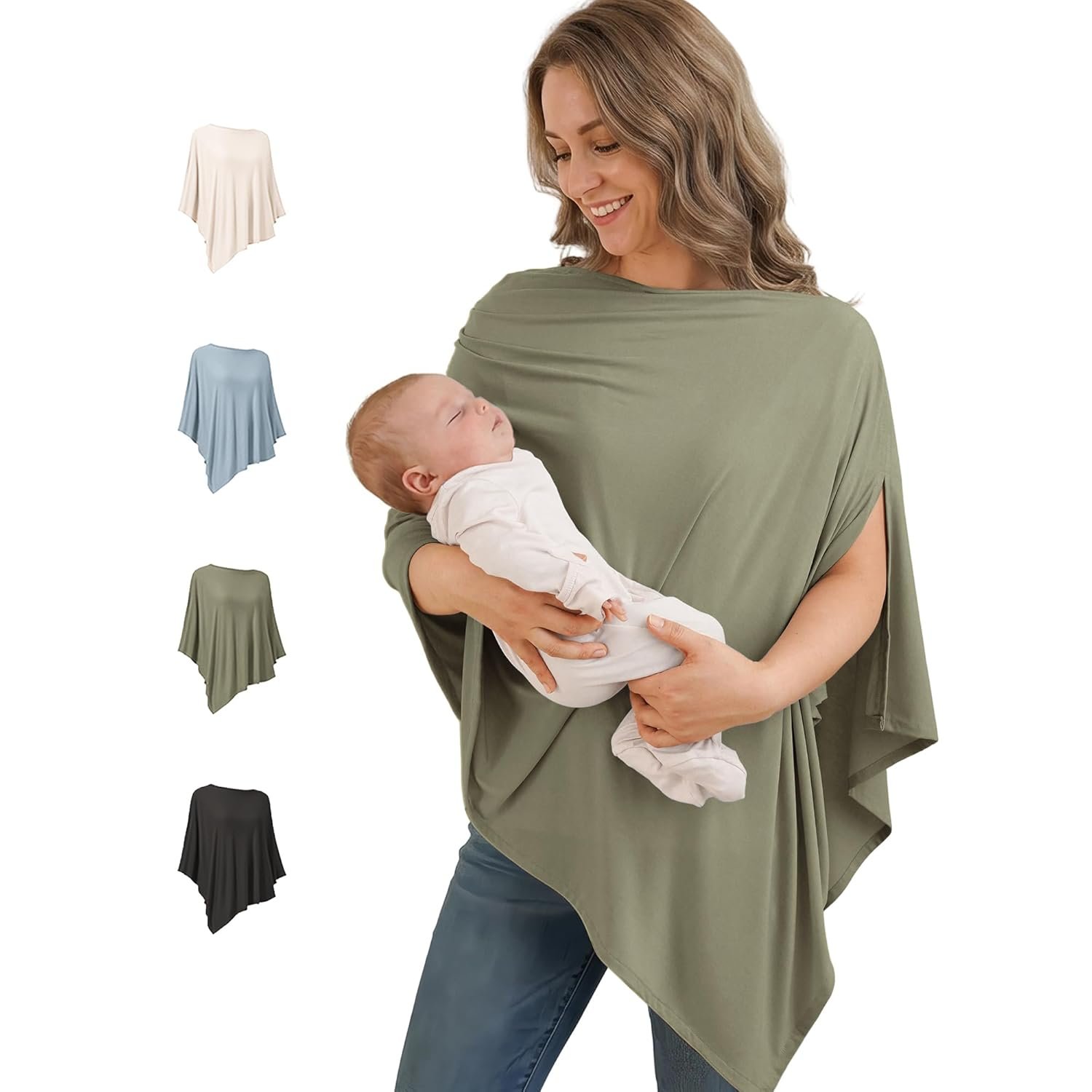 Konssy Rayon Made from Bamboo Nursing Cover for Breastfeeding, Buttery-Soft 360° Full Privacy Nursing Poncho, Breathable Stretchy Breastfeeding Cover, Multi-Use Car Seat Canopy (Army Green)