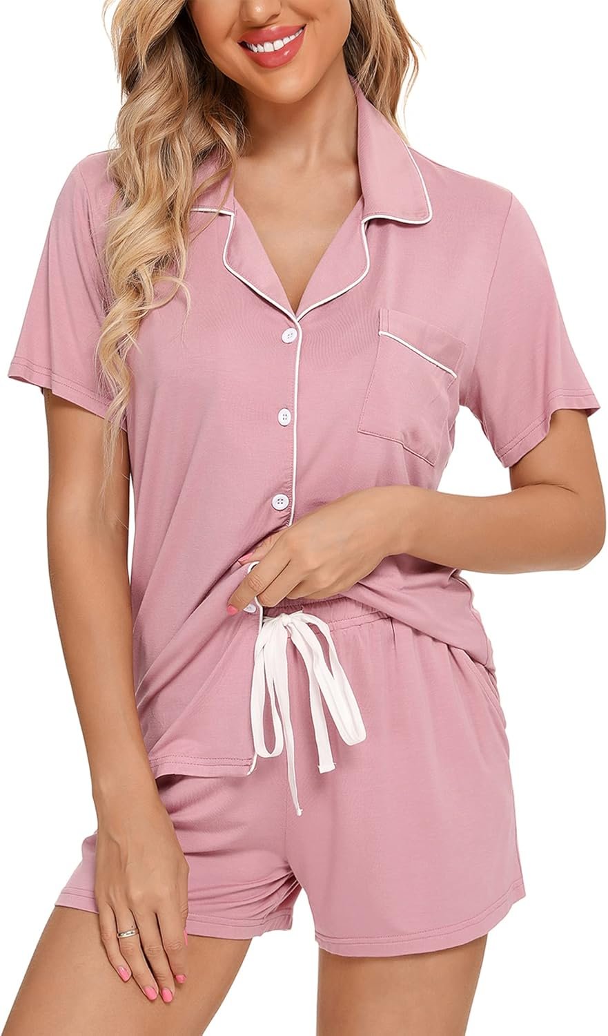 Pjmlifecoco Women's Modal Pajama Set Short Sleeve Button Down Two Piece Soft Sleepwear with Shorts Loungewear S-XXL