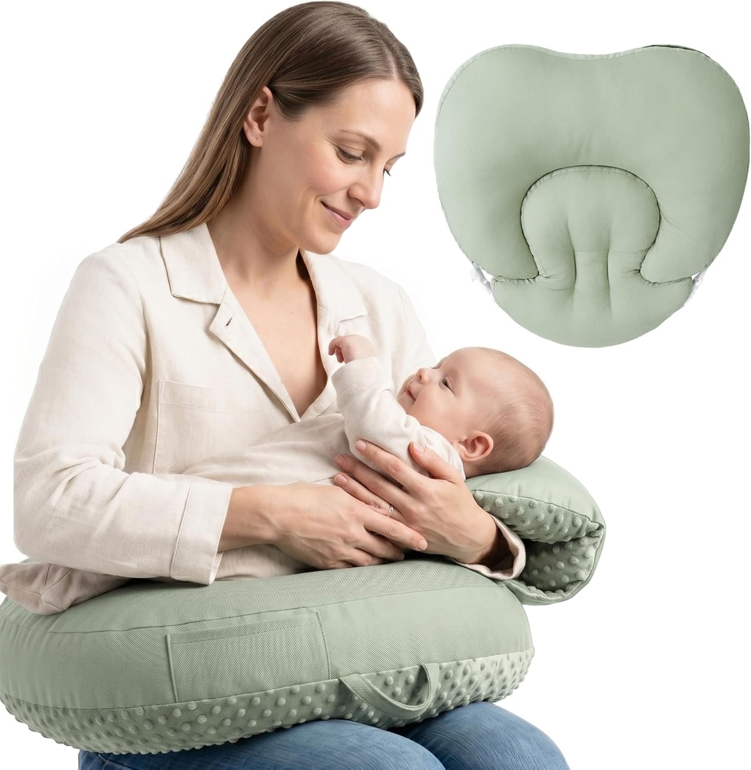Konssy Nursing Pillow for Breastfeeding and Bottle Feeding, Safety Guard Baby Feeding Pillow, Gentle Incline, Waist Strap, Side Pocket for New Moms Home and Travel