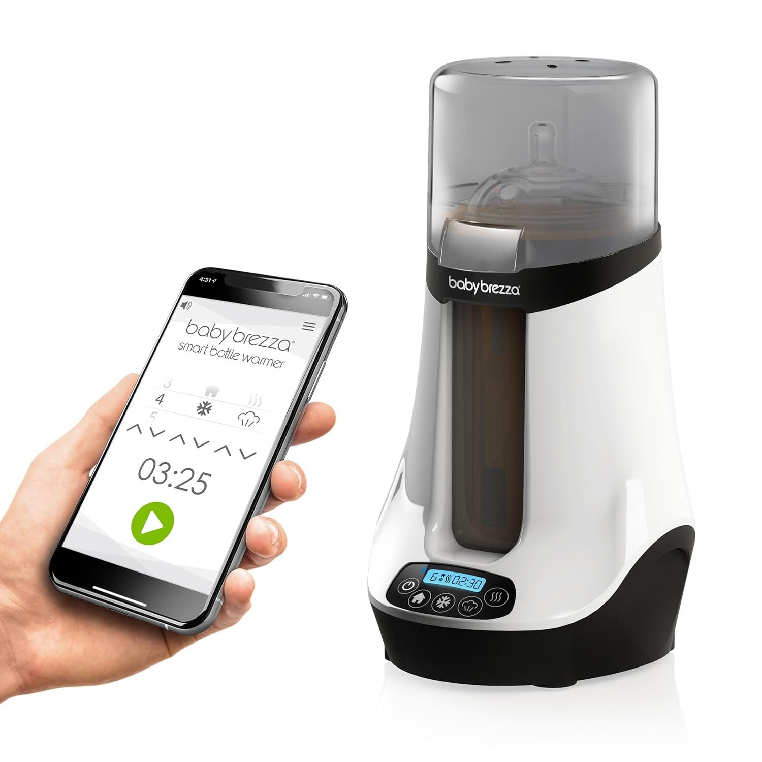 Baby Brezza Safe & Smart, Electric Baby Bottle Warmer and Baby Food Warmer – Universal Fit - Glass, Plastic, Small, Large, Newborn Feeding Bottles - Wireless Bluetooth Control - Digital Display