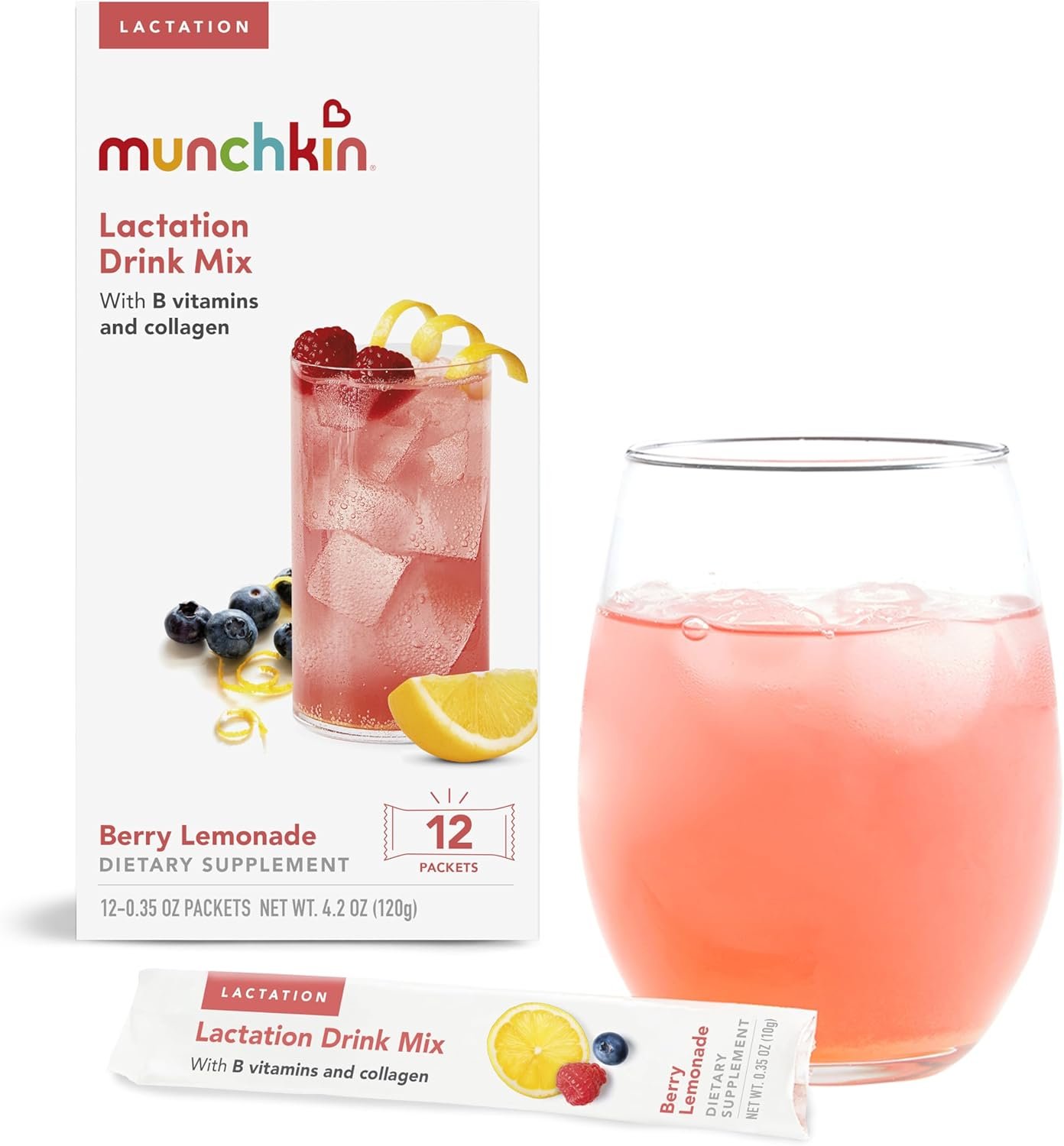 Munchkin Milkmakers Lactation Drink Mix Supplement with B Vitamins/Collagen/Fenugreek & Milk Thistle for Breastfeeding Moms, Berry Lemonade, 12 Count