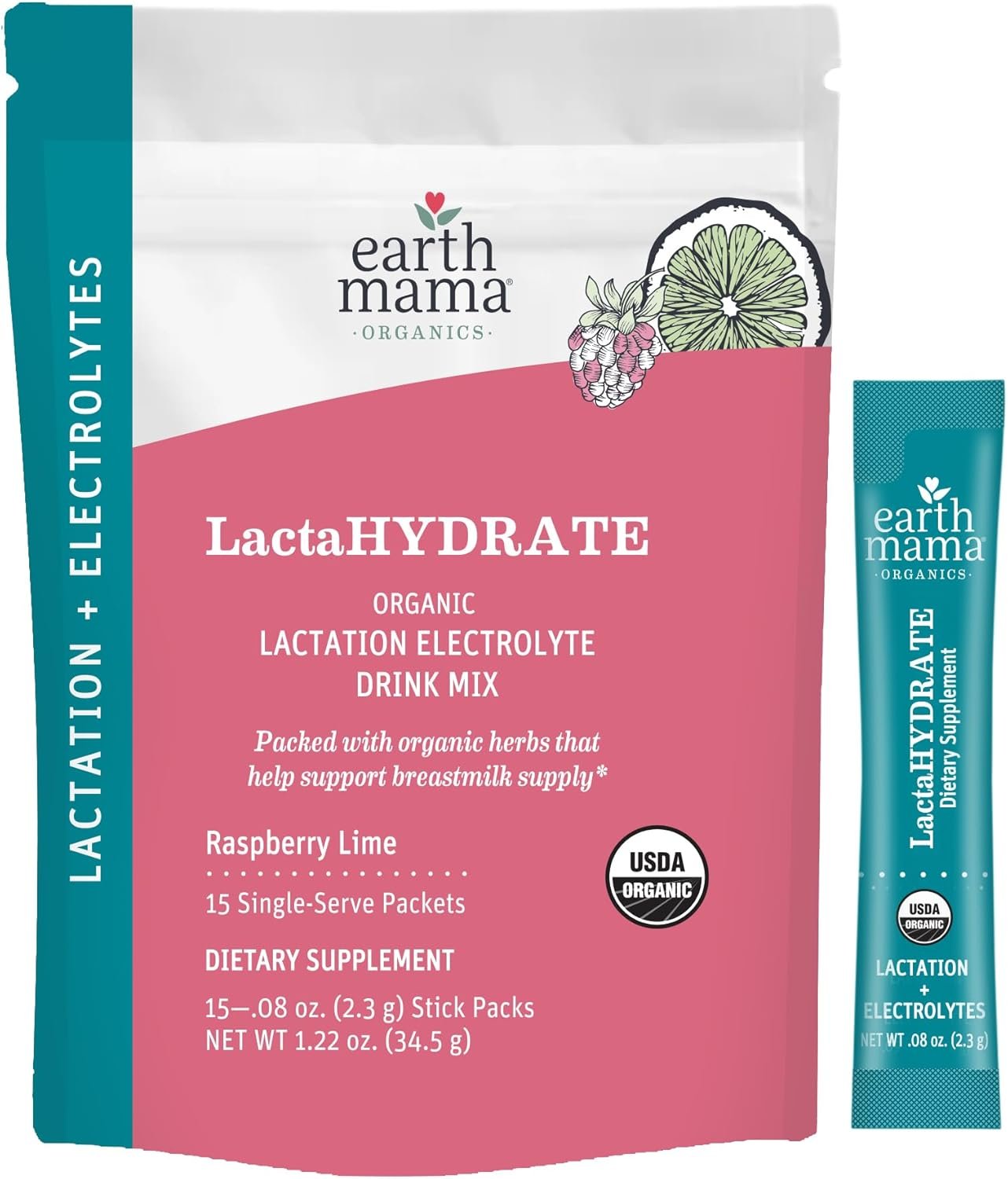 Earth Mama Organic LactaHYDRATE Lactation Hydration Drink Mix - 3.35 oz - Certified Organic by Oregon Tilth Electrolyte Drink with Herbs - Supports Breastmilk Supply for Breastfeeding & Pumping Moms