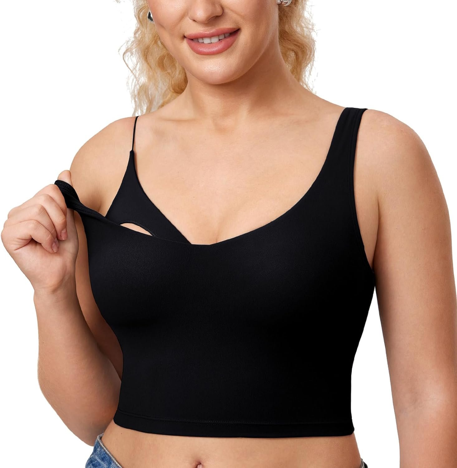 MOMANDA Women's Nursing Bras Longline Sports Breastfeeding V Neck Sleeveless Crop Tank Top with Built in Bra