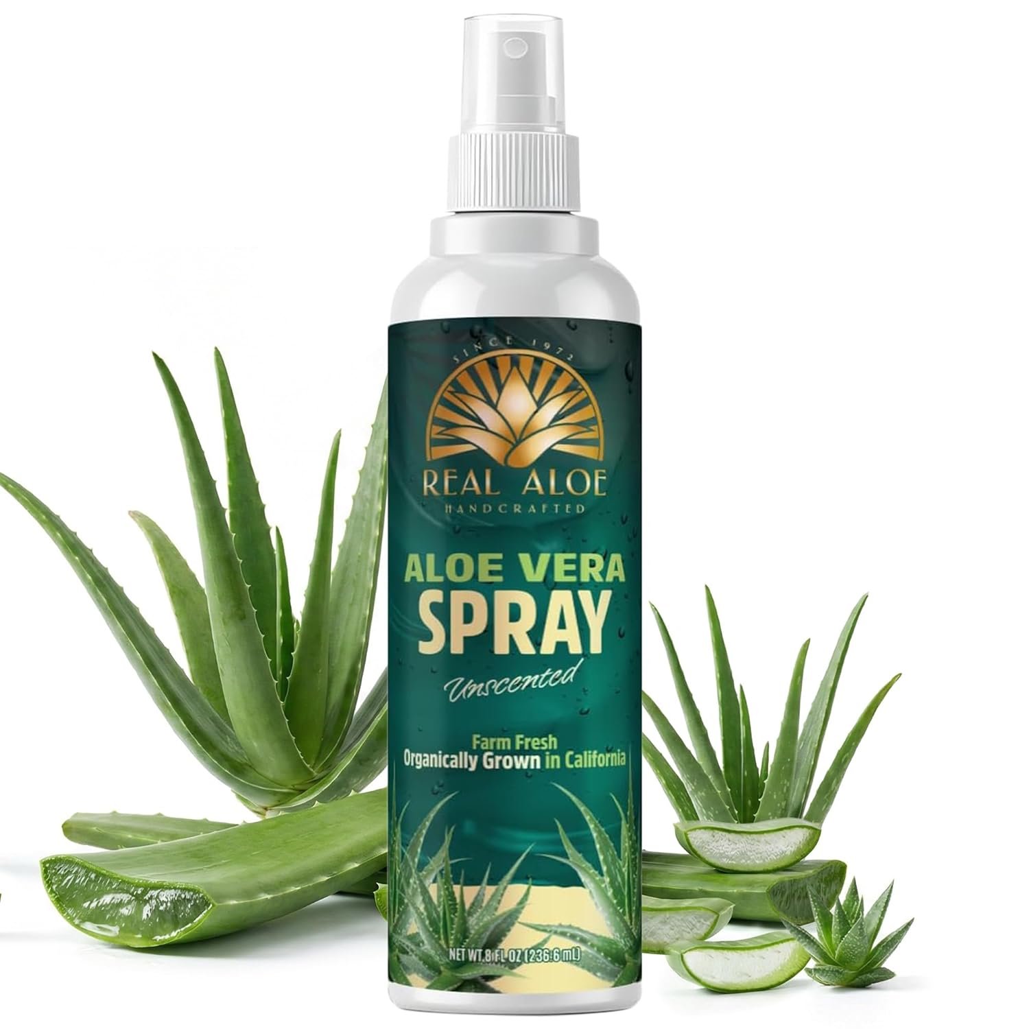 Real Aloe Aloe Vera Spray (8 fl oz) | Certified Organic California-Grown Aloe | Cooling Mist for Face & Body | Hydrating, After Sun Care | Travel-Friendly | Made in USA
