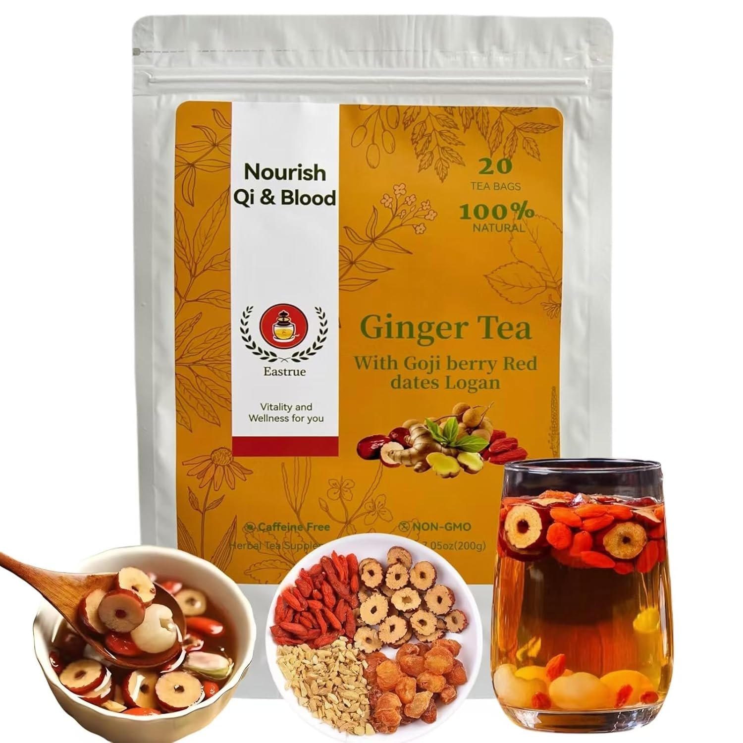 Eastrue Organic Ginger Tea with Goji Berry,Jujube Dates & Longan for Women, Caffeine Free Herbal Tea for Morning Sickness, Lactation Support & Postpartum Recovery, 20 Bags 200g