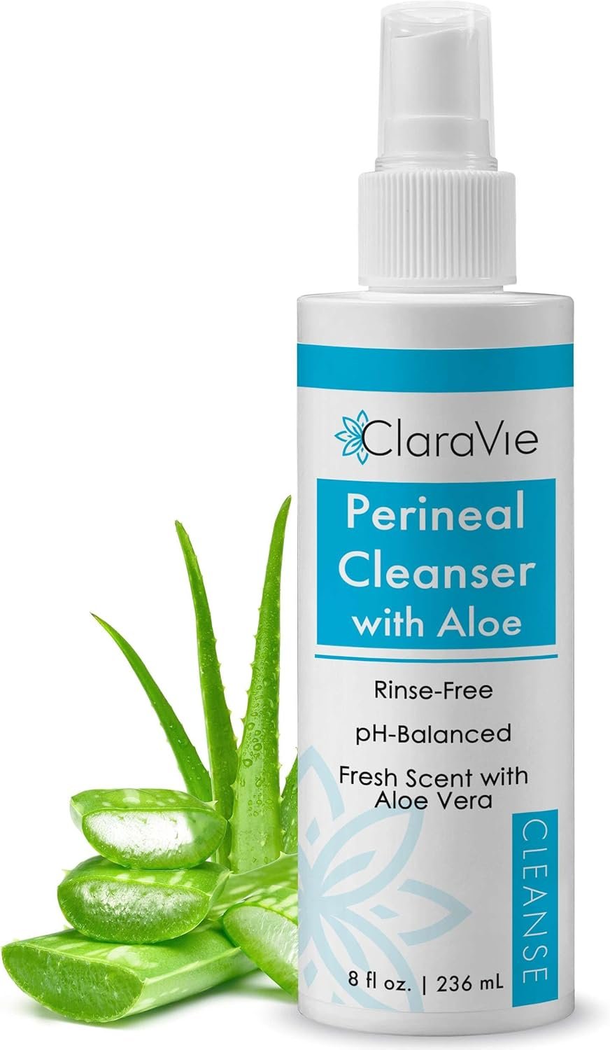 ClaraVie Perineal Cleanser with Aloe - 8 Fl Oz Perineal Spray for Postpartum and Incontinence - Deodorizing, Non Drying, pH Balanced, No Rinsing Required