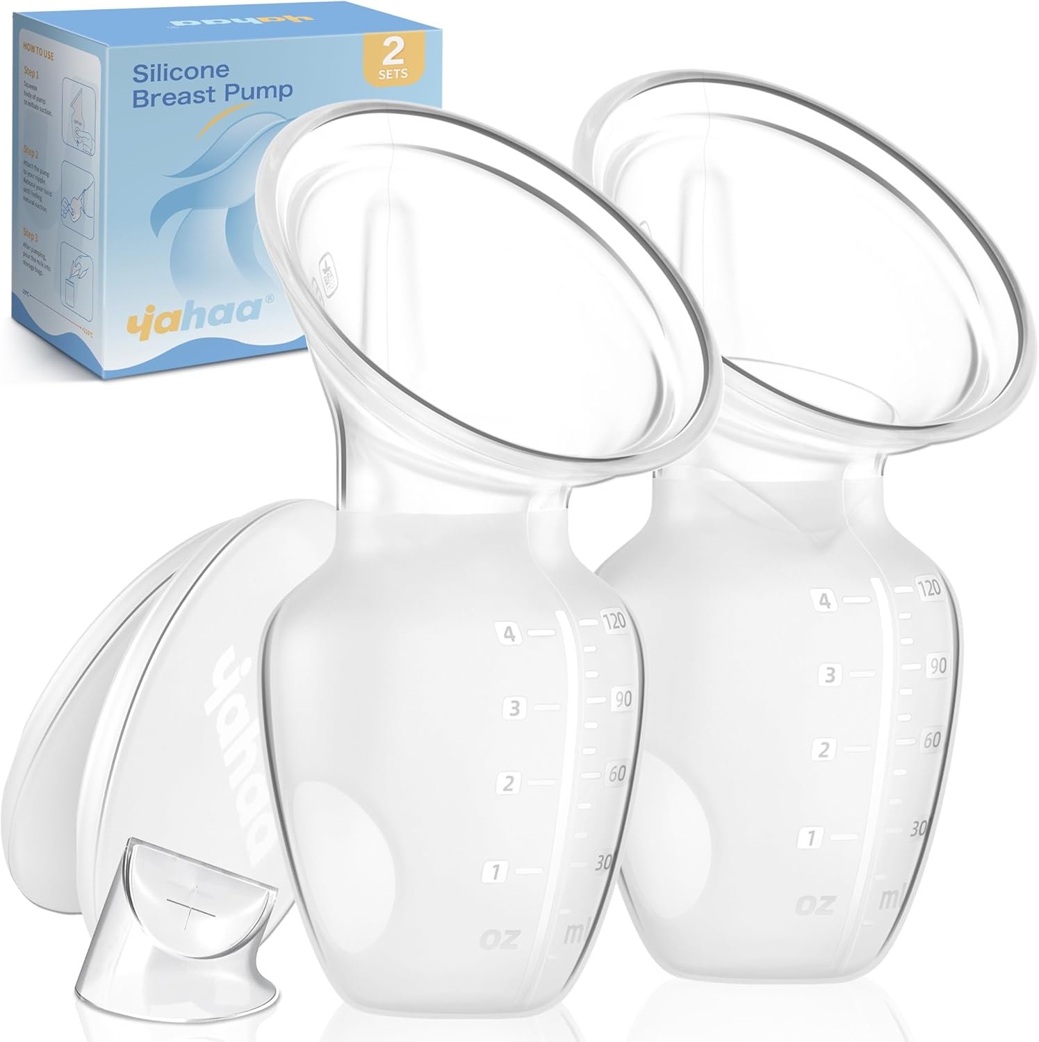 2 Sets Silicone Manual Breast Pump for Breastfeeding Essentials, Colostrum Collector with Spill Free Valve & Cap, Hand Pump Breastmilk, Milk Collectors for Breastfeeding, Clear, 4oz