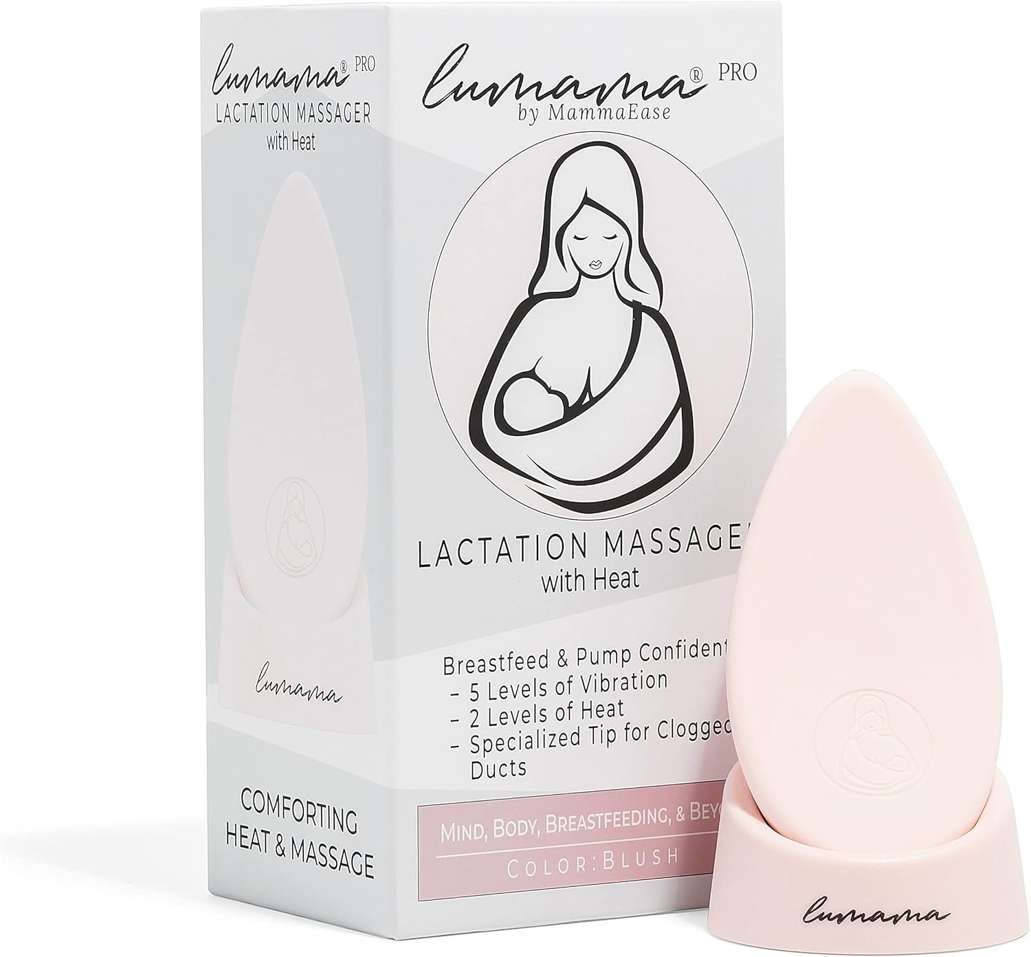 LUMAMA MammaEase Pro Lactation Massager – Premium Silicone Breast Massager Breastfeeding with 2 Heat Levels – Small Vibrating Massager with Clogged Ducts Tip, Charging Base - Pink