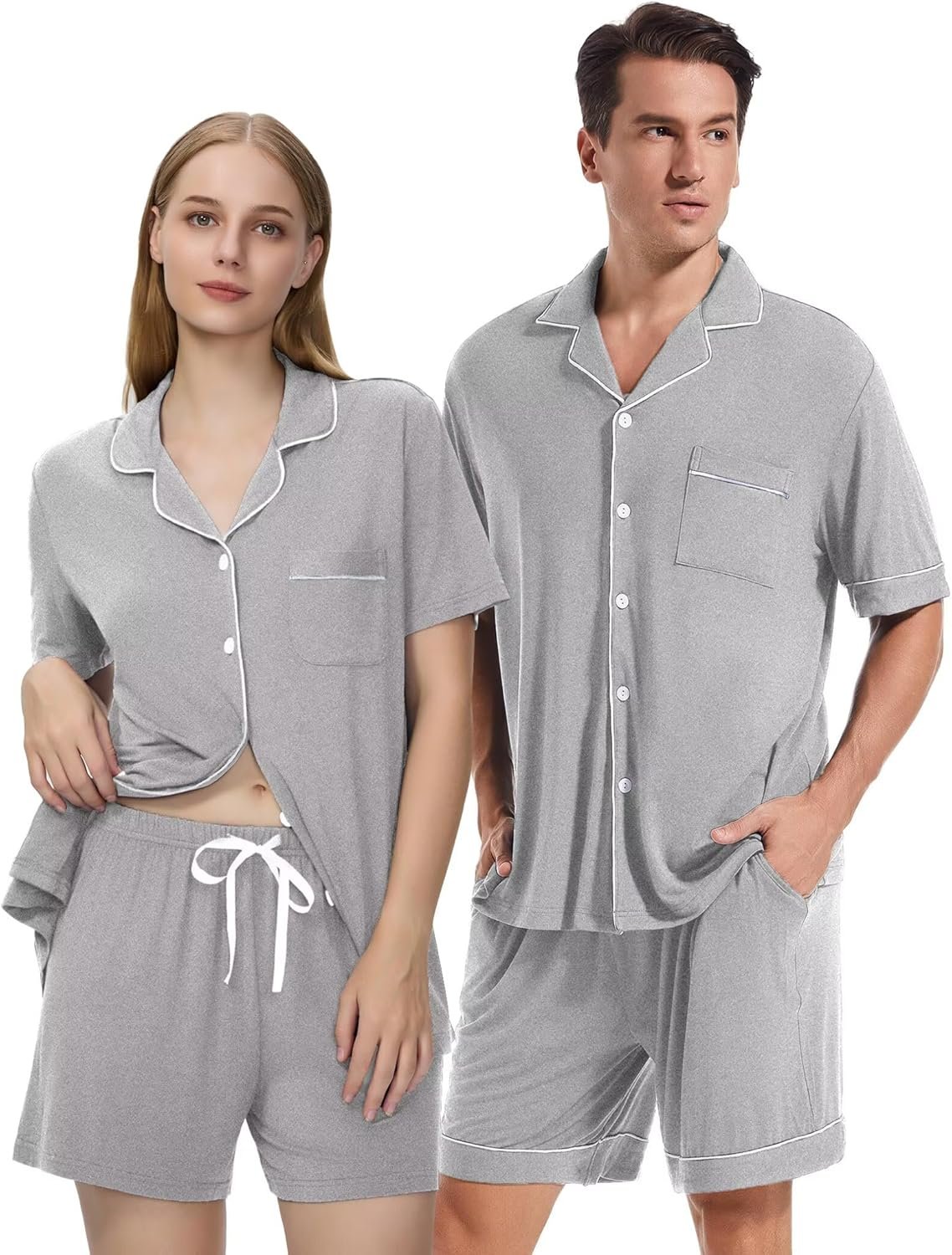 Matching Pajamas for Couples Men and Women Button Down Loungewear Short Sleeve Sleepwear Soft 2 Pcs Pj Set