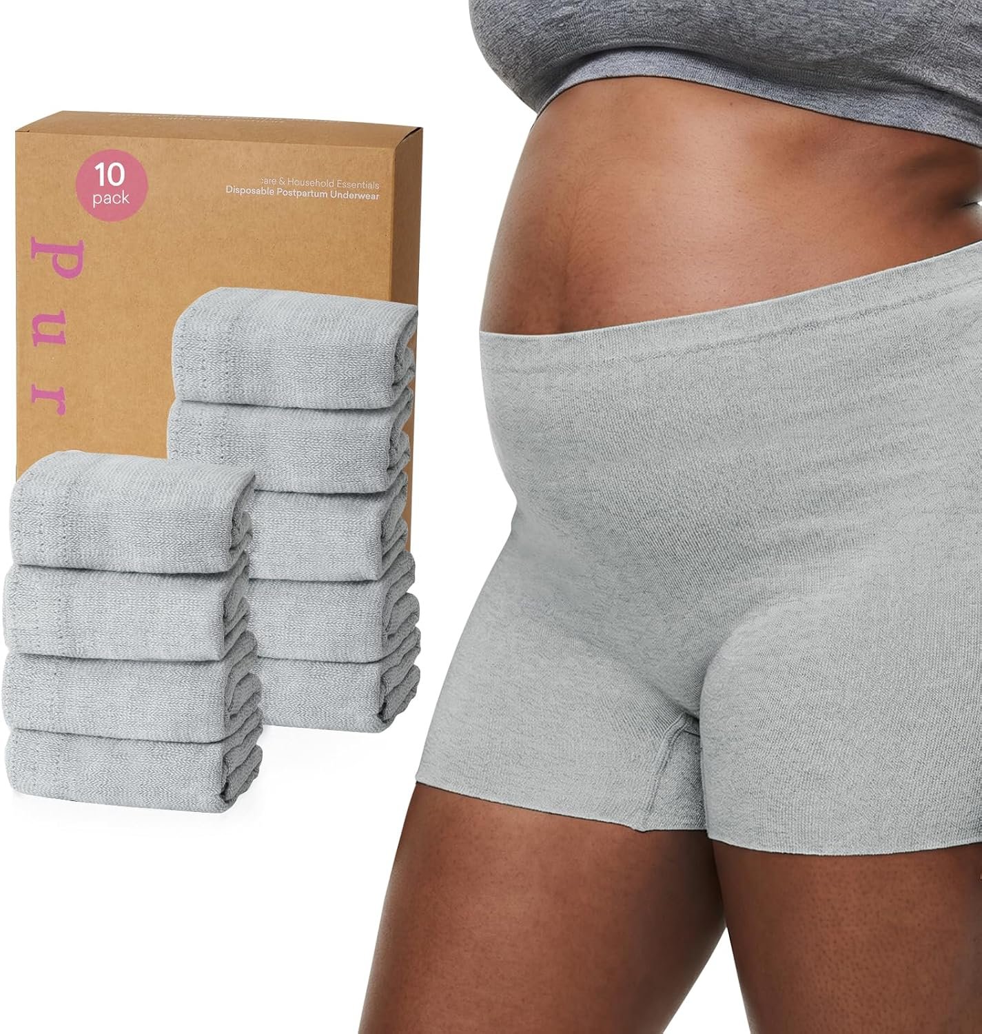 PurComfy 10 Pcs Postpartum Underwear for Women, High Waisted Disposable Boyshort Underwear for Mom Postpartum, Seamless Under Wear for Postpartum Essentials, Waist 28"- 42" Stretched, Grey