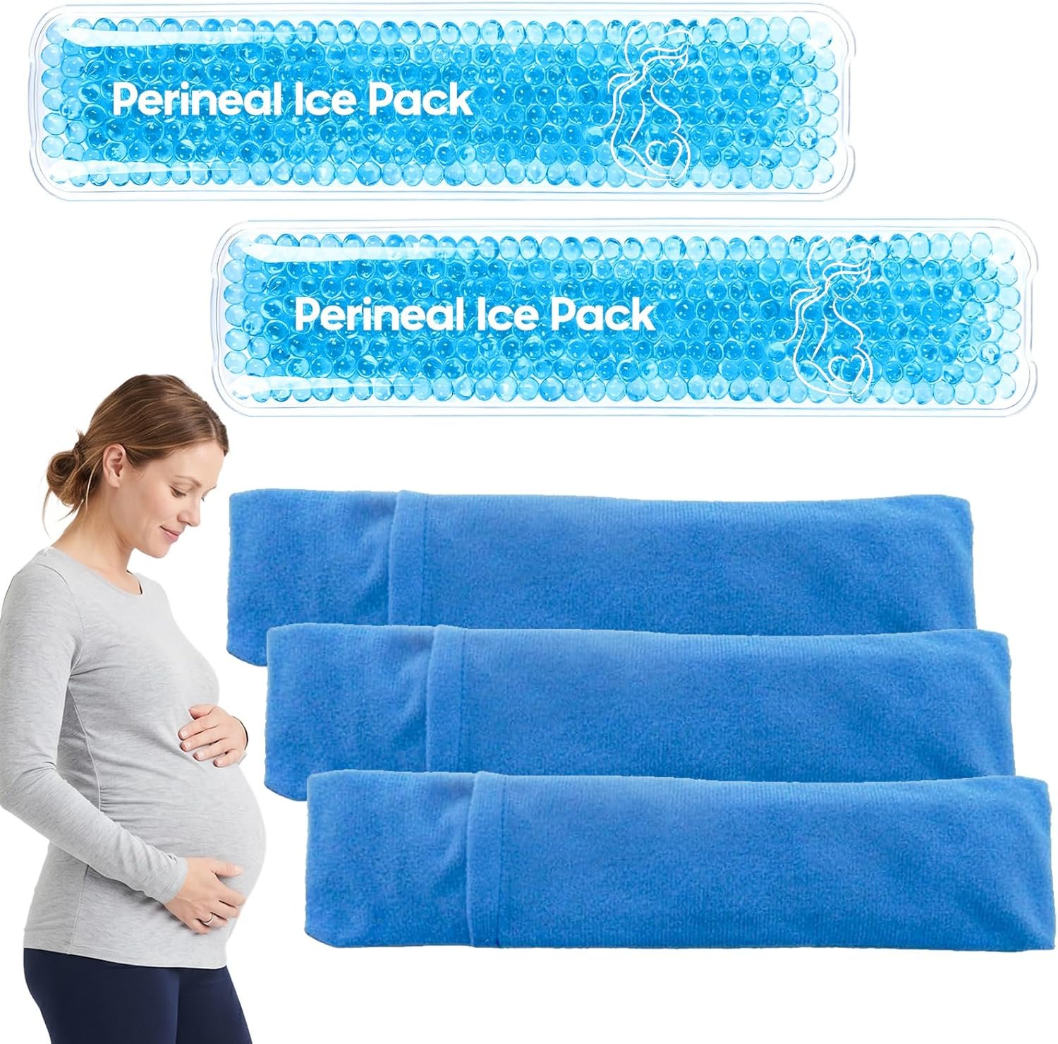 Reusable Perineal Ice Packs for Postpartum & Hemorrhoid Pain Relief, Hot & Cold Pack for Women After Pregnancy, 2 Ice Pack and 3 Cover. (Blue)