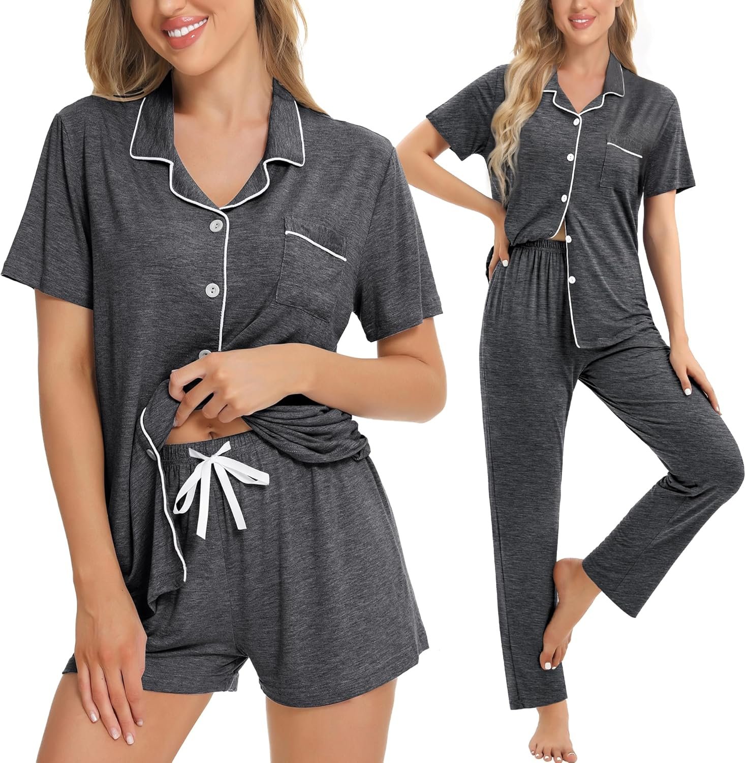 SWOMOG Womens 3pcs Button Down Pajamas Set Short Sleeve Sleepwear Bride Pj Lounge Set with Long Pants