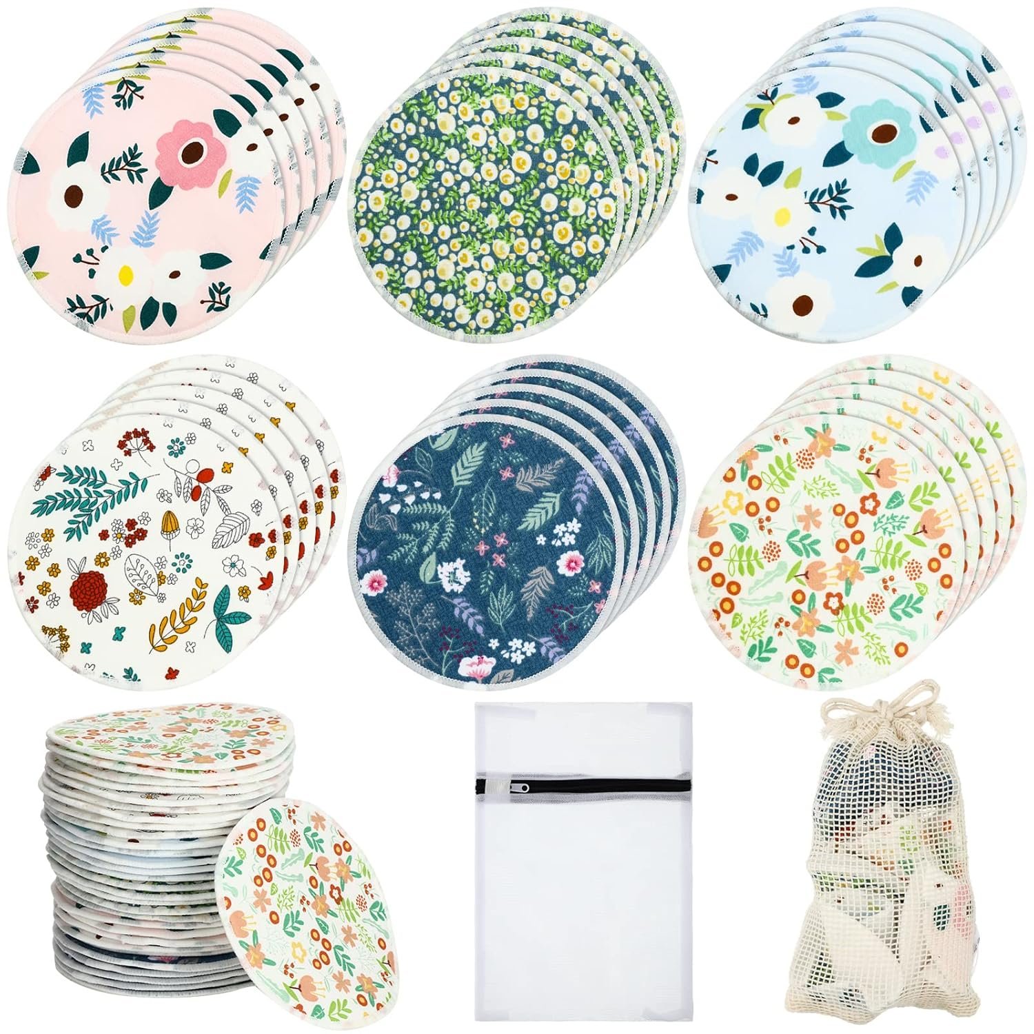 Sosation 30 Pcs Reusable Nursing Pads Washable Bamboo Breast Pads with Storage Bag and Cotton Laundry Bag Fresh Floral Pattern for Breastfeeding Mom Gifts