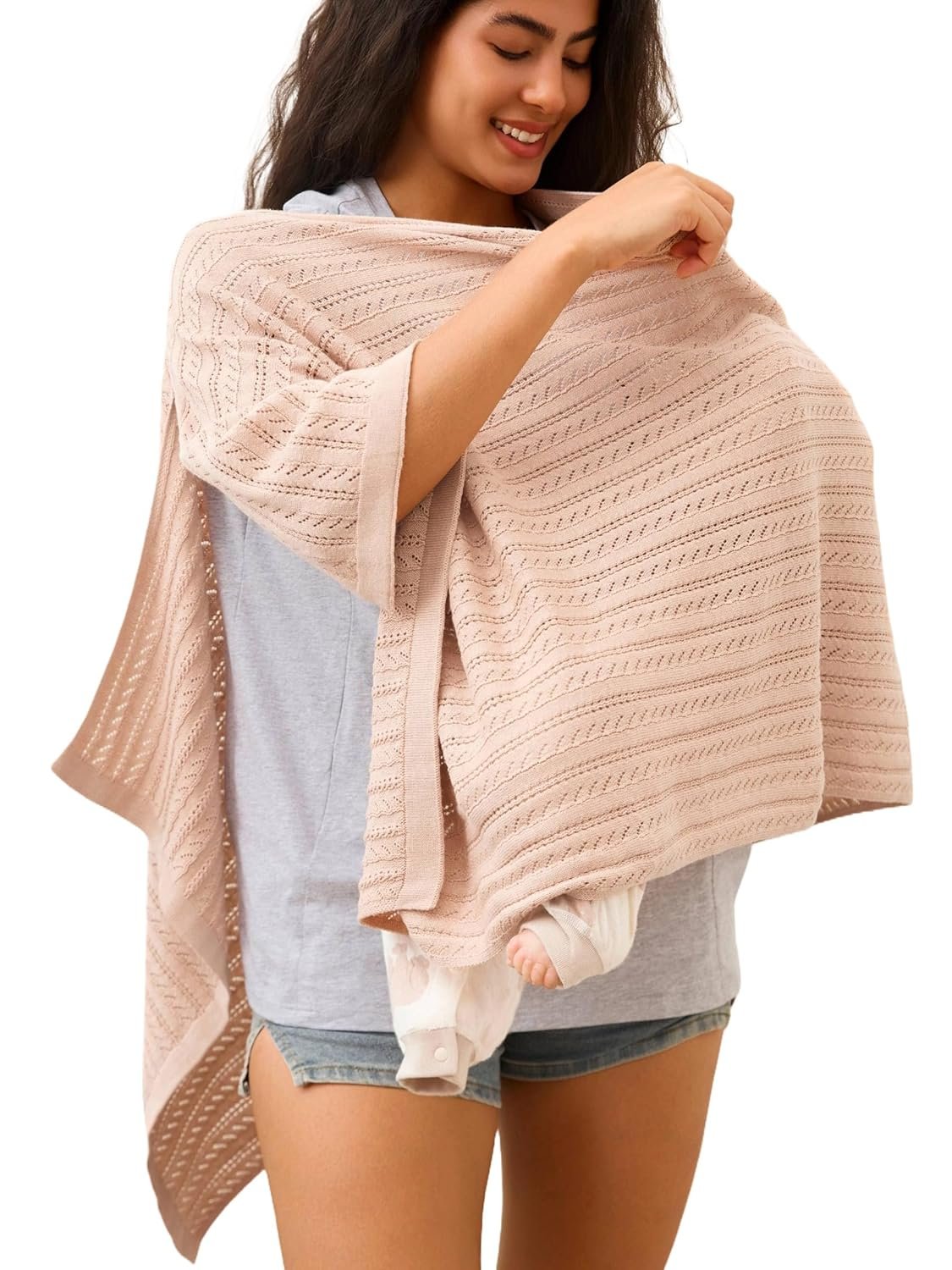 Nursing Cover for Breastfeeding Knit Multi-Use Feeding Shawl Lightweight 360°Full Coverage Nursing Poncho Postpartum Essentials Wheat