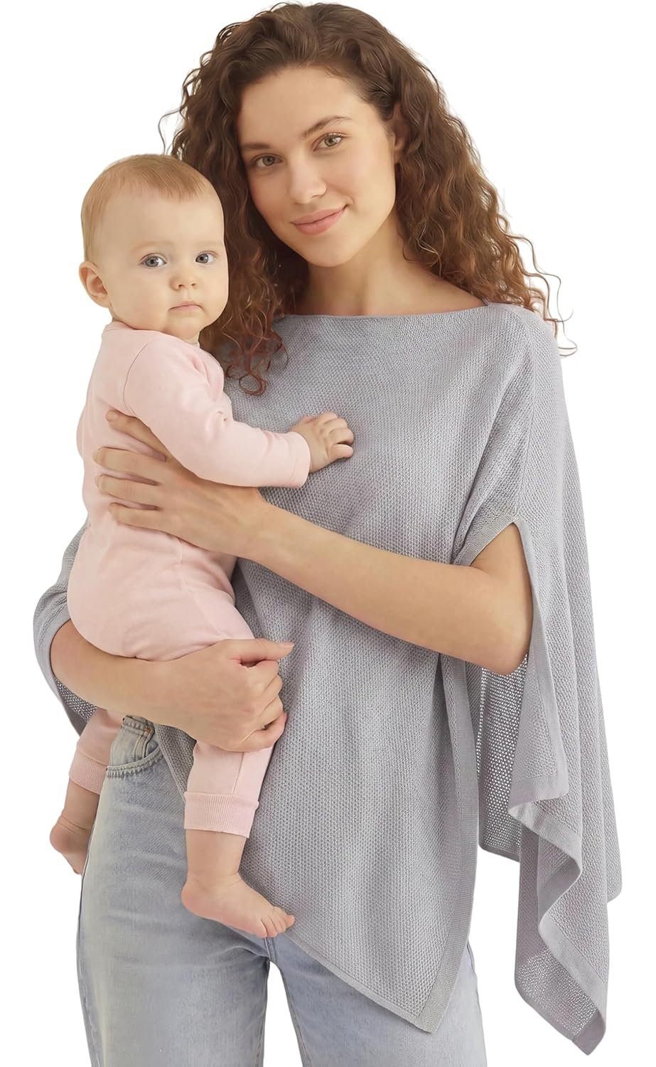 PATPAT Nursing Cover for Breastfeeding, Soft Breathable Privacy Poncho, Multi-Use Solid Knit Breastfeeding Cover for Moms, Portable Nursing Shawl & Baby Blanket (Light Gray)