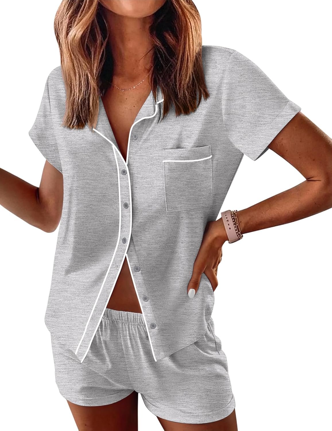 Ekouaer Womens Pajama Sets Button Down Lounge Set 2 Piece Loungewear Soft Sleepwear Short Sleeve Pjs with Pockets